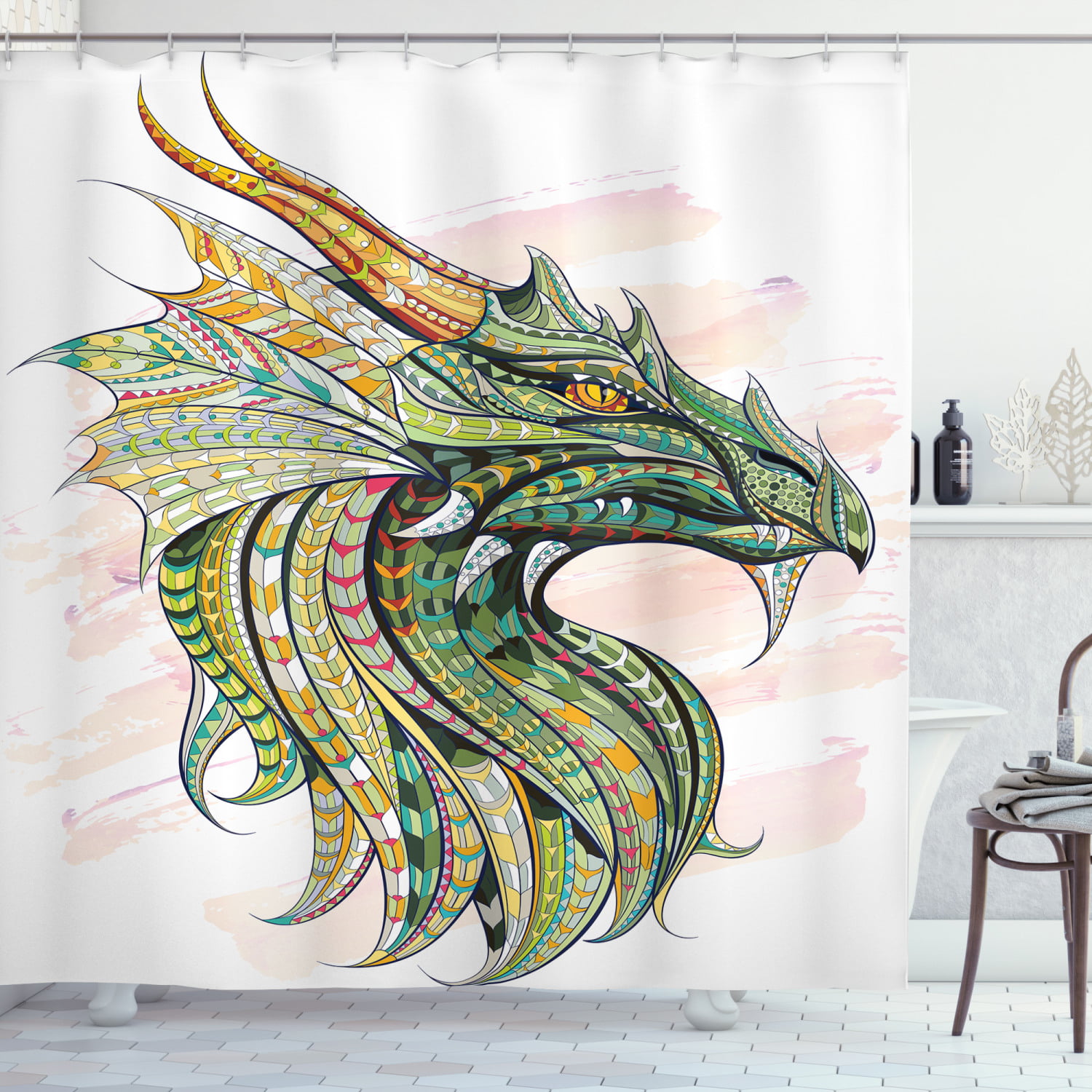Dragon Fire Castle Waterproof Fabric Shower Curtain Hooks Bathroom with 12 Hooks 