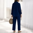 thumbnail image 5 of Bbyeadc Women Two Piece Linen Outfits Sets Long Sleeve Collared Button Down Shirt Wide Leg Drawstring Pants Everyday Travel Sets,Blue (S), 5 of 5