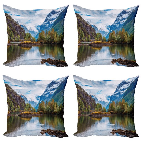 Ambesonne Nature Throw Pillow Cover 4 Pack, Snowy Norway Mountains, 16", Multicolor