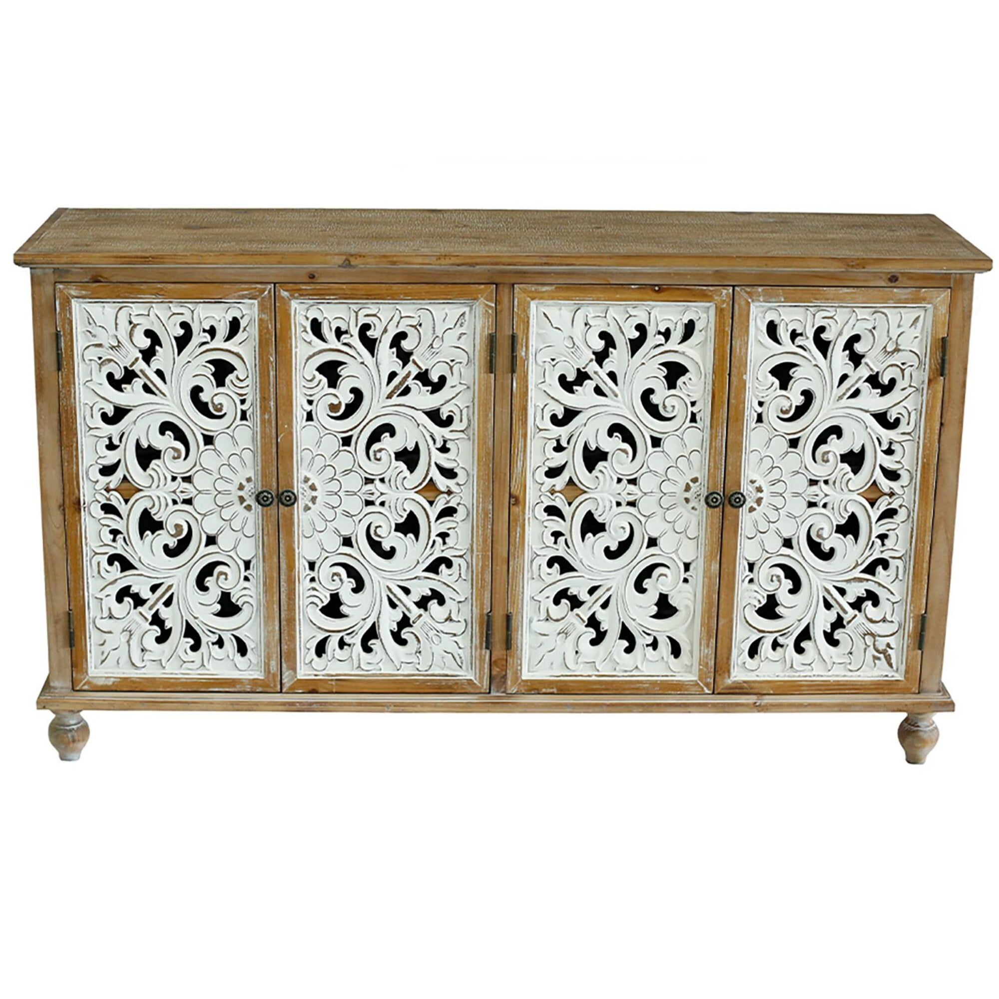 AENKYO Vintage Distressed Accent Cabinet Sideboard Buffet with Handmade Carved Doors and Adjustable Shelves, Natural Wood
