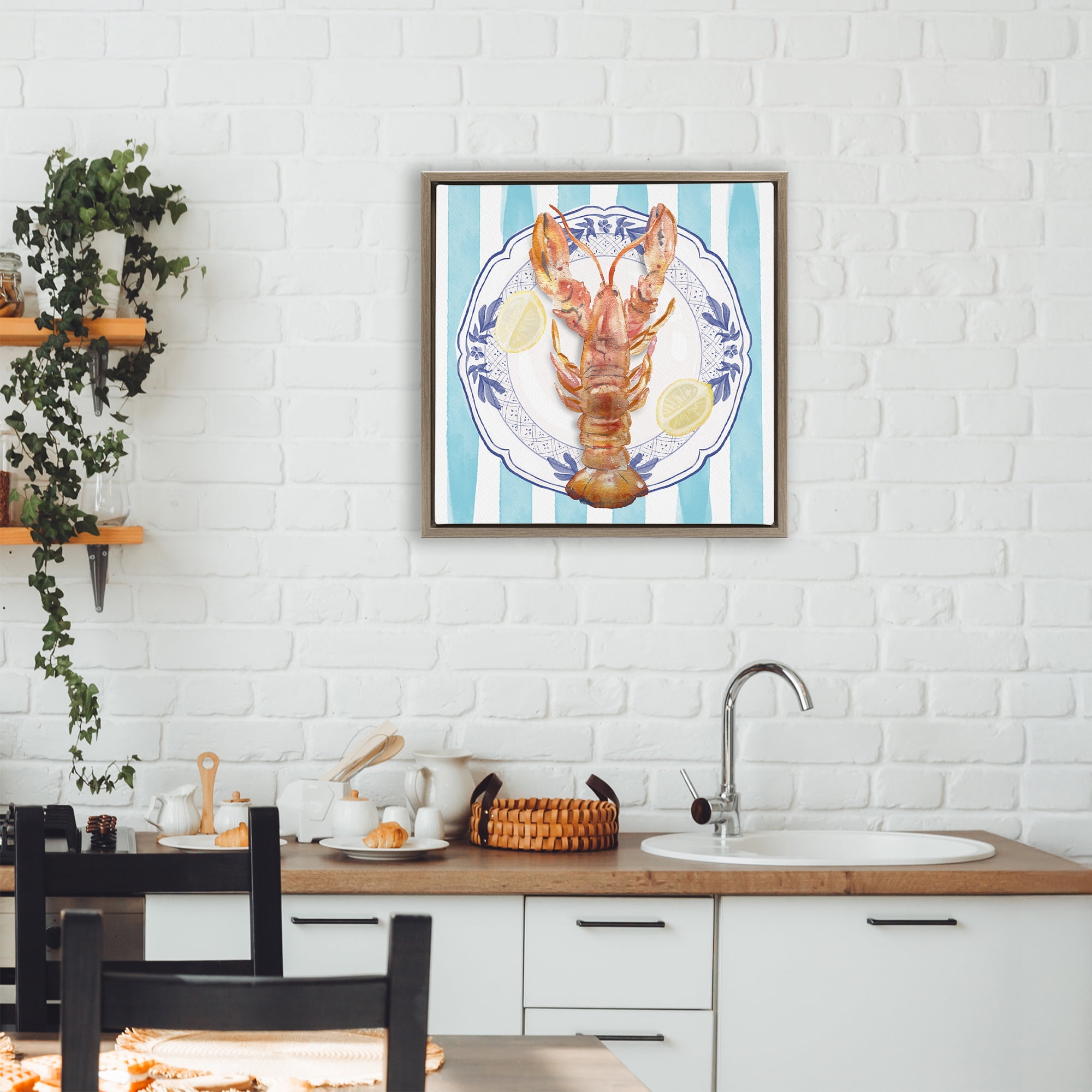 Stupell Industries Lobster Seafood Plate Brown Framed Floater Canvas Wall Art, design by Christie Adams