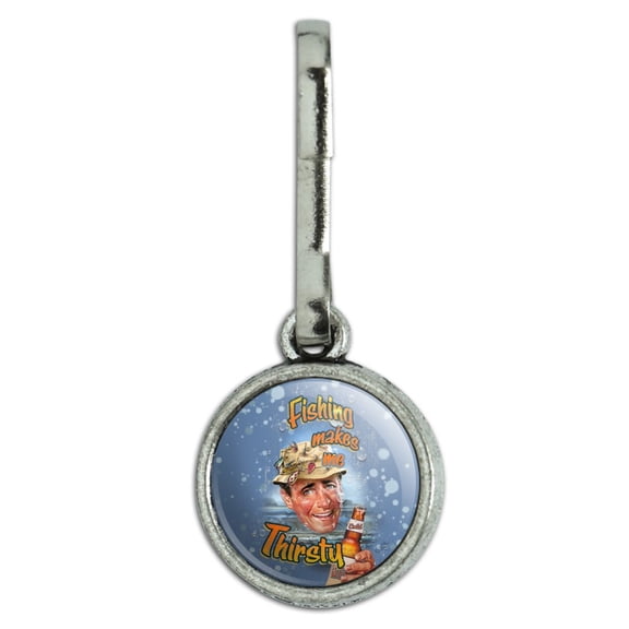 Retro Fishing Makes Me Thirsty Antiqued Charm Clothes Purse Suitcase Backpack Zipper Pull Aid