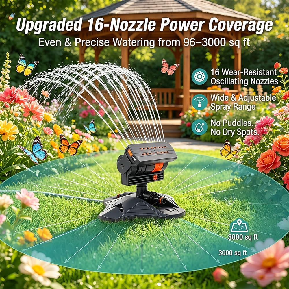 16-Nozzle Oscillating Sprinkler with Dual-Zone Sprinkler Water Timer, Adjustable Mini Turbo Oscillating Water Sprinklers with Large Base for Lawn Yard Garden Watering