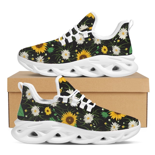 Zapatos vulcanizados con estampado de girasoles para mujer, zapatillas cómodas y transpirables, planos informales con cordones para mujer