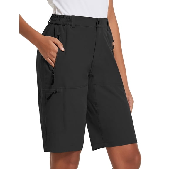 Baleaf Women's Long Hiking Bermuda Shorts 10" Quick Dry Stretch Golf Shorts with Pockets UPF 50 for Camping, Work Black Size M
