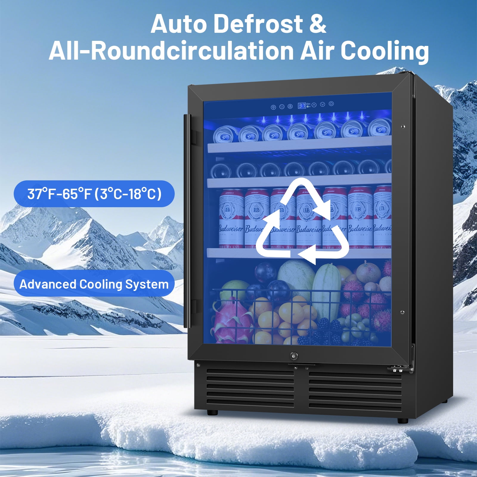 24" Beverage Refrigerator 180 Cans Beverage Cooler Reversible Door Recessed Black Beer Fridge With 1 Basket