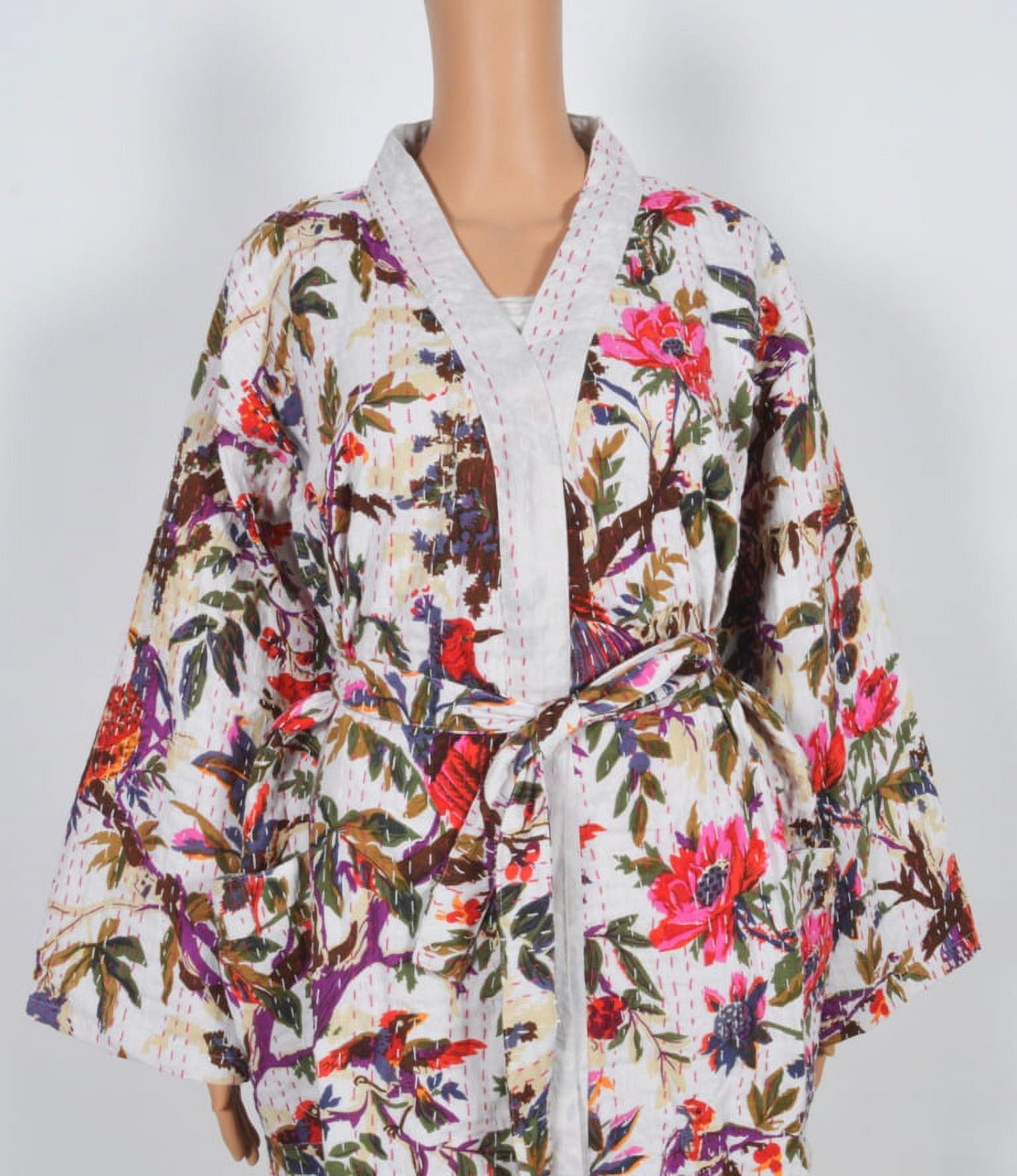 Abito Kimono Indiano Fatto A Mano In Cotone - Stampa Uccellini Vintage - Vestaglia Leggera Multistagione - Foto 3