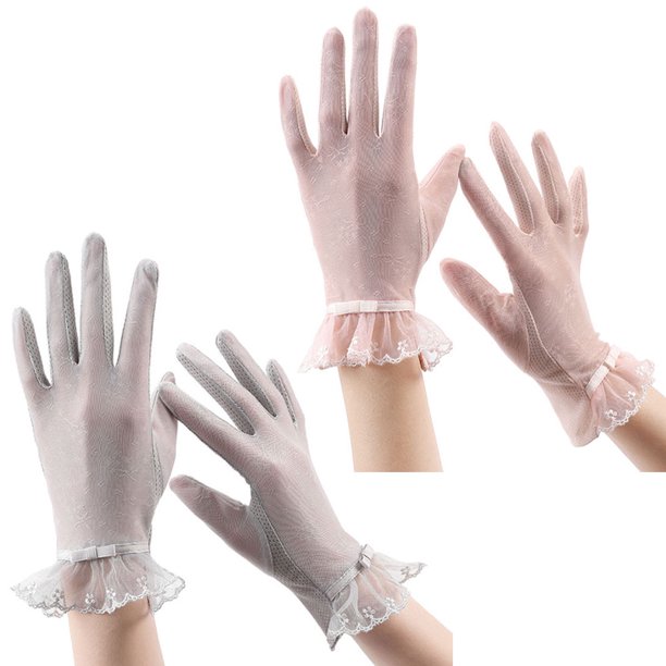 2 pares de guantes de protección solar para mujer, de encaje, de verano, anti-ultravioleta, finos, para exteriores, con pantalla táctil, antideslizantes, de seda helada, 596