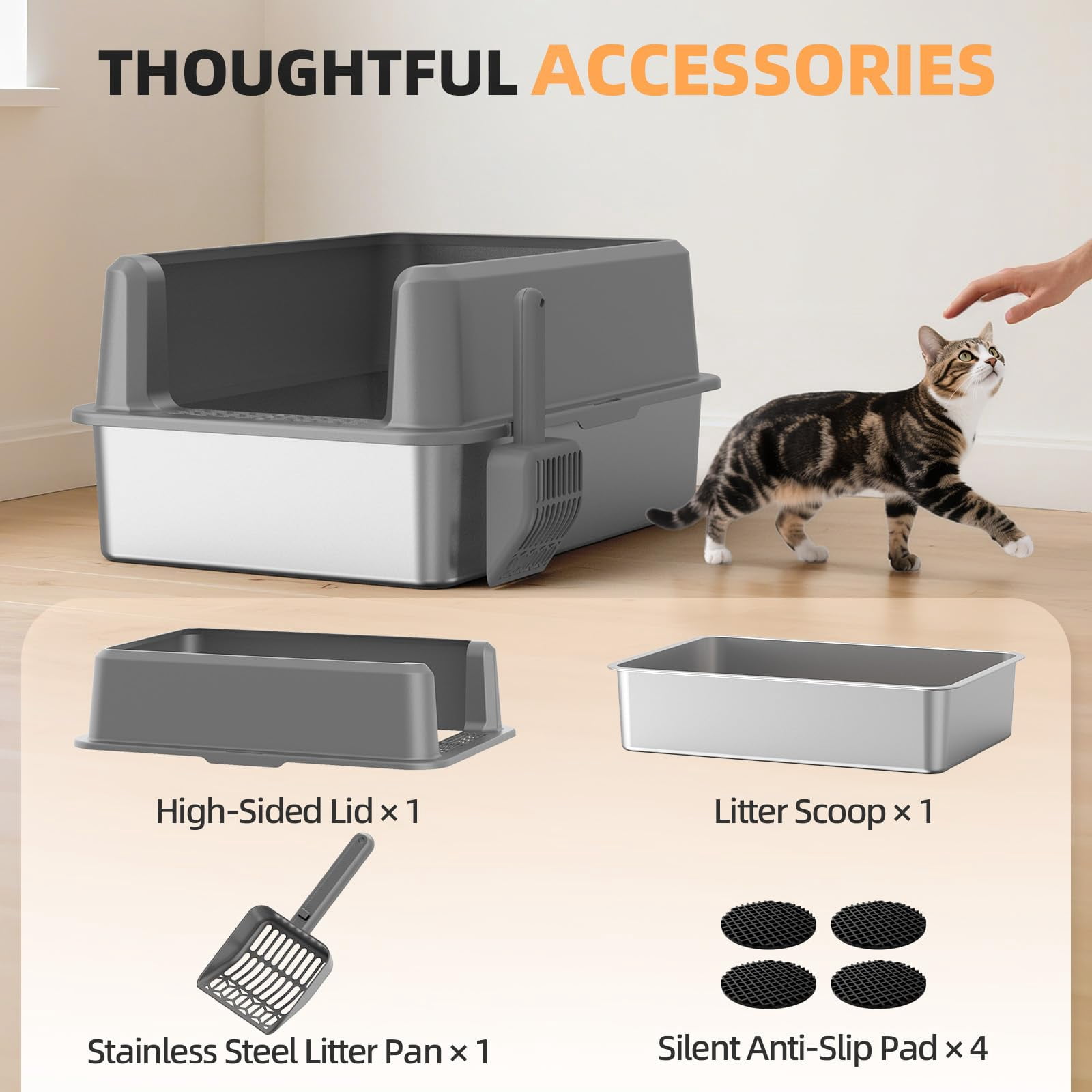 Enclosed Stainless Steel Cat Litter Box With Lid  Xl Extra Large For Big Cats Metal Pan High Sided Never Absorbs Odors Anti-urine Leakage Include Scoop (65-lightgray)