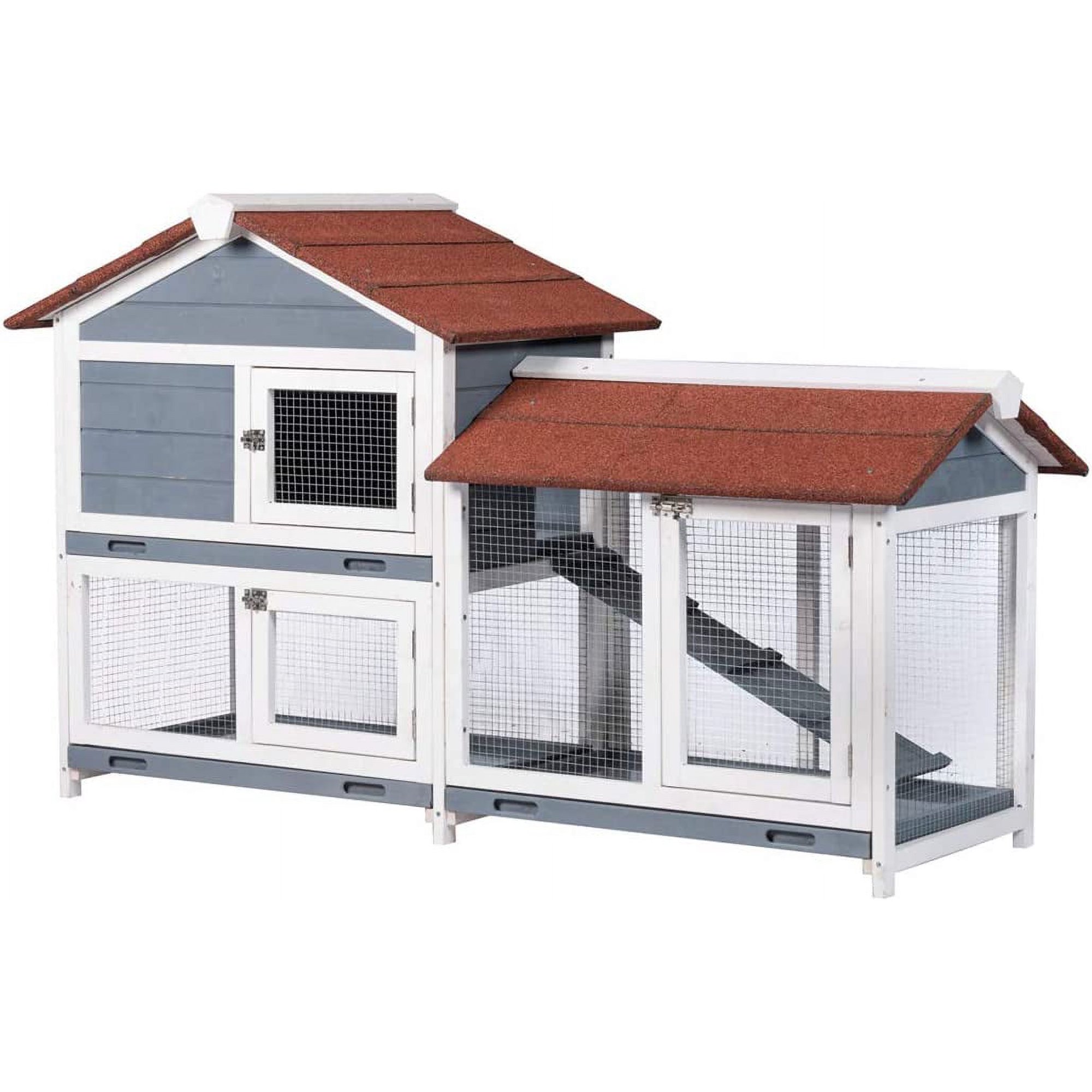 Good Life Two Floors 62" Wooden Outdoor Indoor Roof Waterproof Bunny Hutch Rabbit Cage Guinea Pig Coop PET House for Small to Medium Animals with Stairs and Cleaning Tray PET537