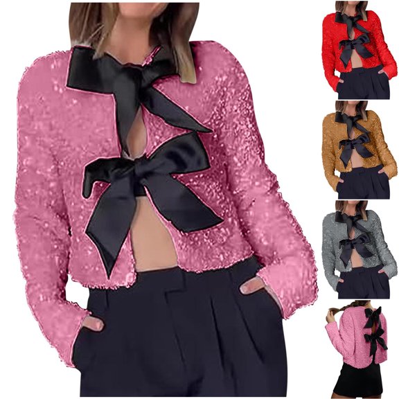 Kinrui Women Tie-Front Velvet Tops Sequined Long Sleeve Sparkling Glitter Tops with Bow Party Concert Night Red,M