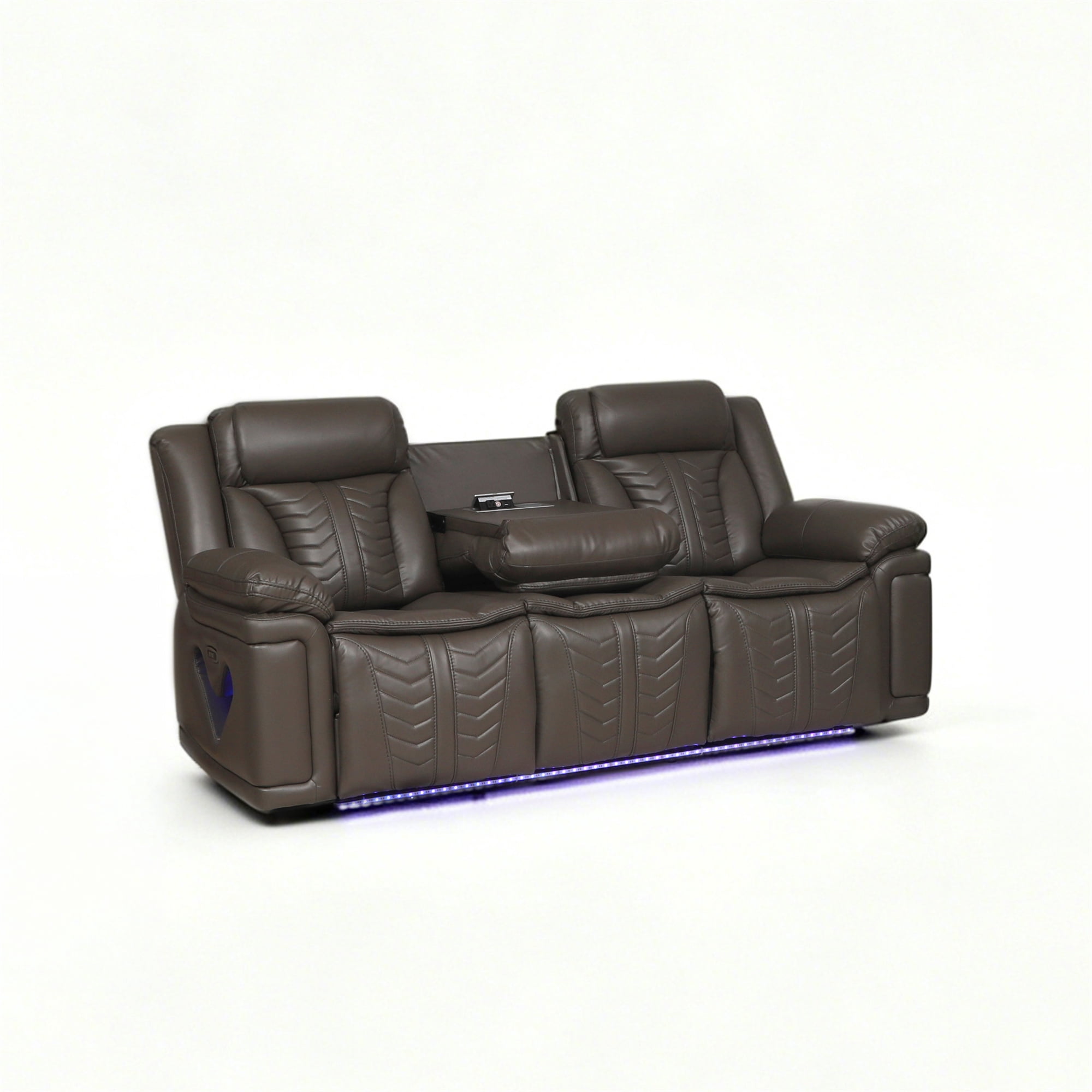 Electra Luxury 2-Piece Power Reclining Living Room Set - Dark Brown Faux Leather Motion Sofa and Loveseat with LED Lighting, Bluetooth Speakers, Drop-Down Table, and Wireless Charging