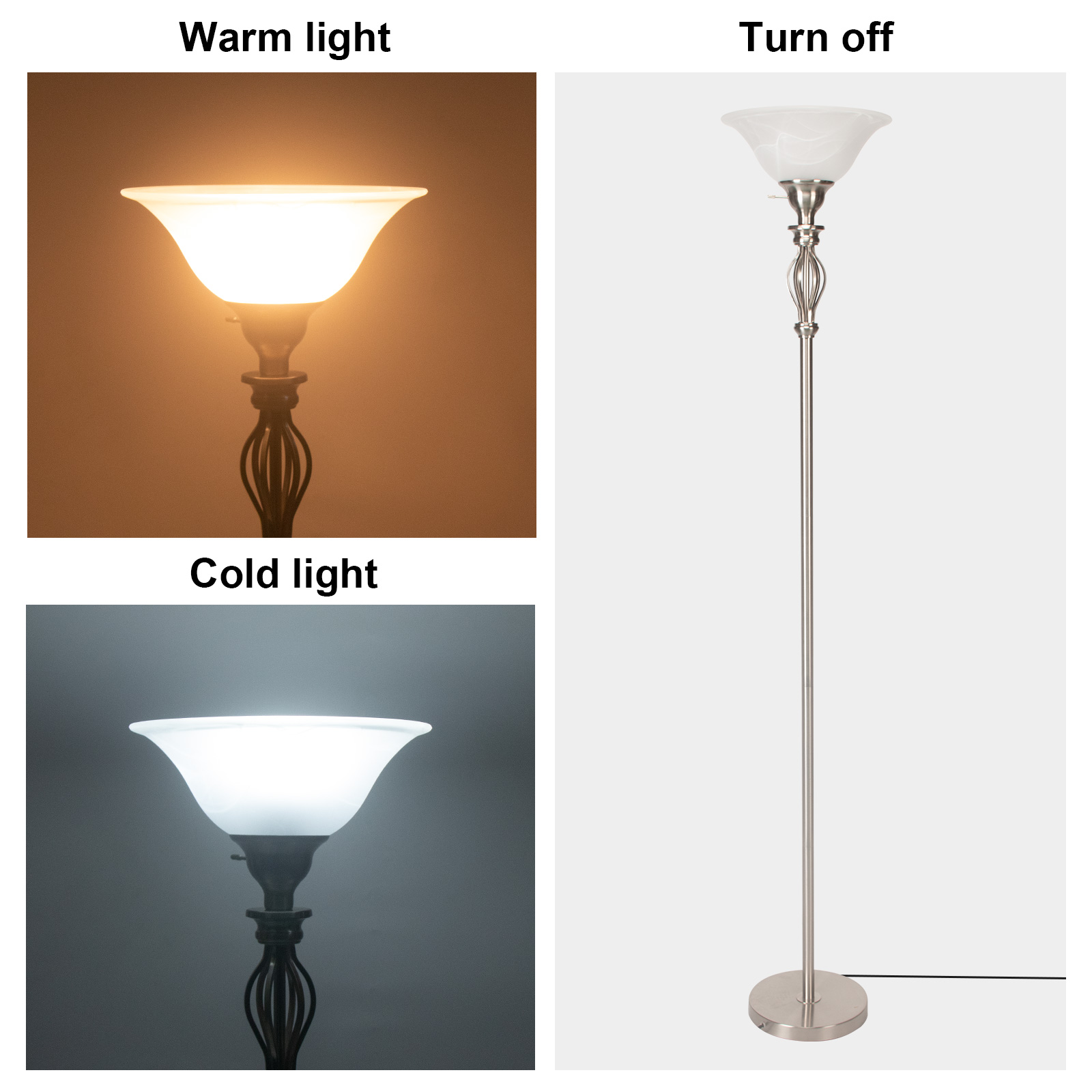 HonoDing 72"Torchiere Floor Lamps for Living Room, with White Alabaster Glass Shade,Brush Nickel