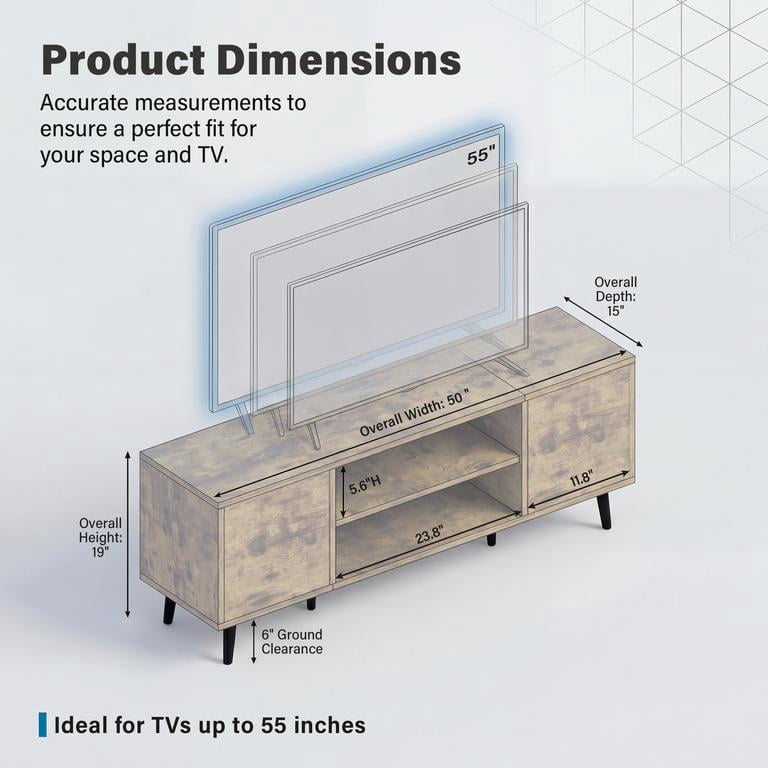 Vineego TV Stand for 55 Inch TV with 2 Push-to-Open Doors, Mid-Century Modern Media Console with Open Shelves, Entertainment Center for Living Room Bedroom, Brown
