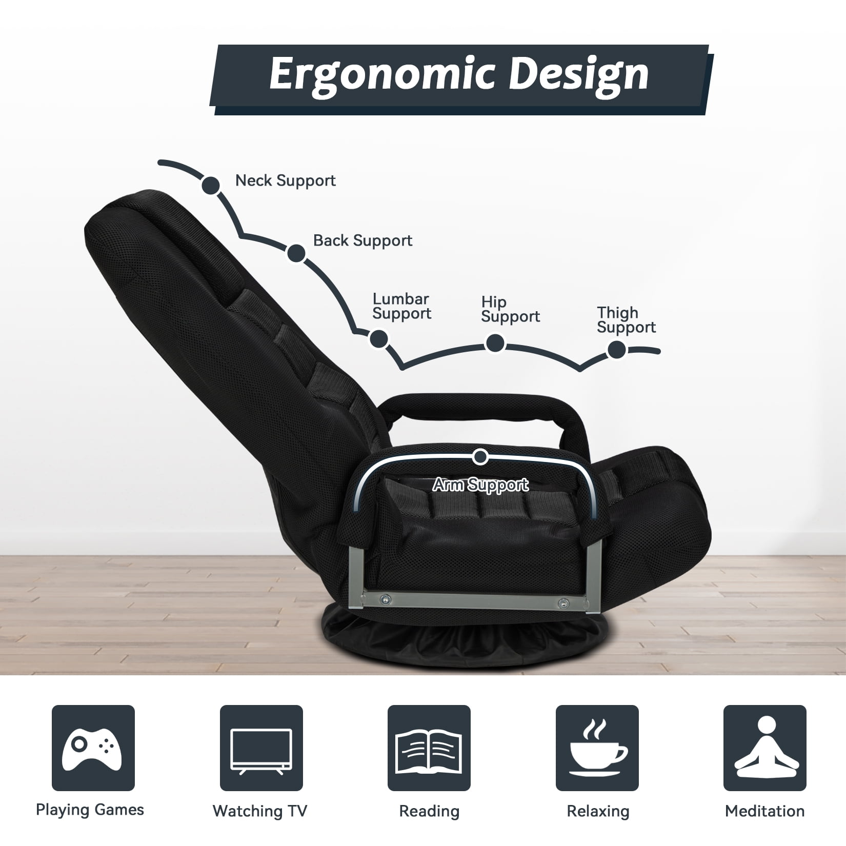 Avocahom Swivel Gaming Floor Chair w/ Armrest Handles, No Assembly gaming chair rocker, Folding Reclining Sofa w/6 Position Adjustable Backrest for Video Games, Watching TV, Reading,Black