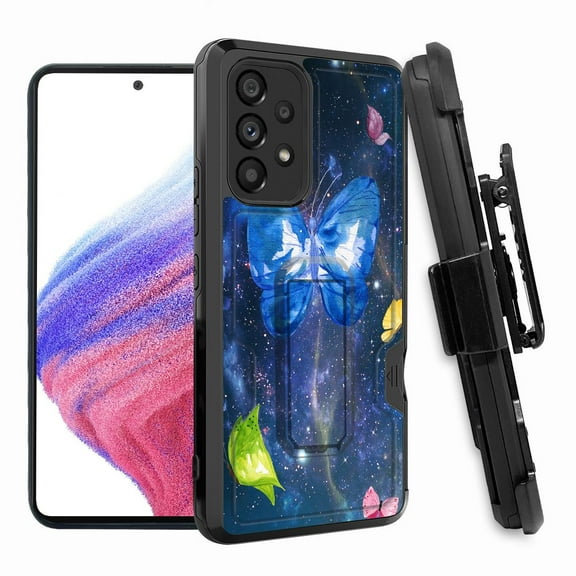 ANJ  Rugged Shockproof Hoster Case w/Card Slot, Kickstand   Tempered Glass Cover for Samsung Galaxy A33 5G - Mystic Butterfly