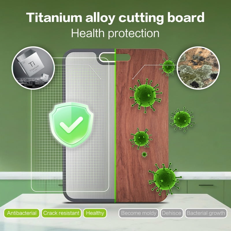 Titanium Cutting Board for Kitchen, 2-in-1 Double Sided Food Grade (15”×10.3”), Pure Titanium & PP, Easy to Clean with Juice Groove & Garlic Grinding Area