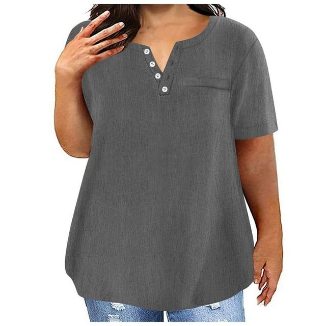 Timegard Womens Plus Size Tops Drop Shoulder Short Sleeve Notched V-Neck Button Dressy Casual Loose Top