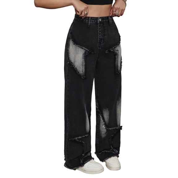 Gunia Girl Baggy Jeans Stylish Wide Leg With Allover Star High Waist Design Comfortable Casual Trousers Juniors Fashionable Streetwear Bottoms Teen Girl Denim Pants 12-16 Years