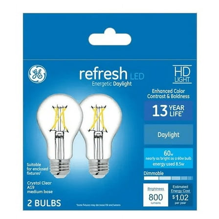 GE refresh LED 60 watt equivalent A19 Energetic Daylight Dimmable Light Bulb (2 pack)