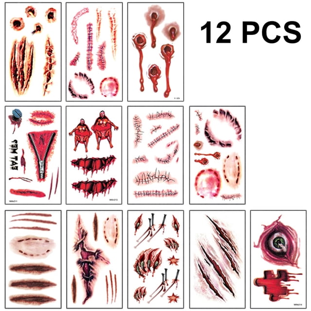 Pegatinas de tatuaje de cicatriz, heridas falsas, tatuaje temporal, pegatinas de cicatriz para fiesta de Halloween, Zombies, Cosplay, 12 hojas Xemadio 2034491