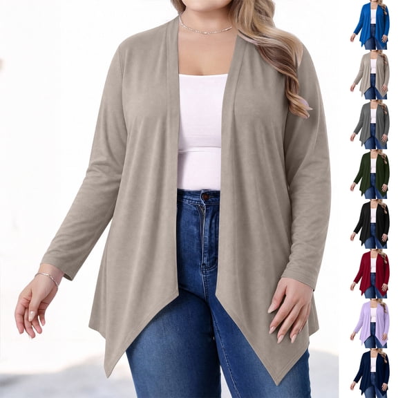 Women's Plus Open Front Cardigan Solid Color Plus Size Long-sleeved Top Holiday Travel Clothing