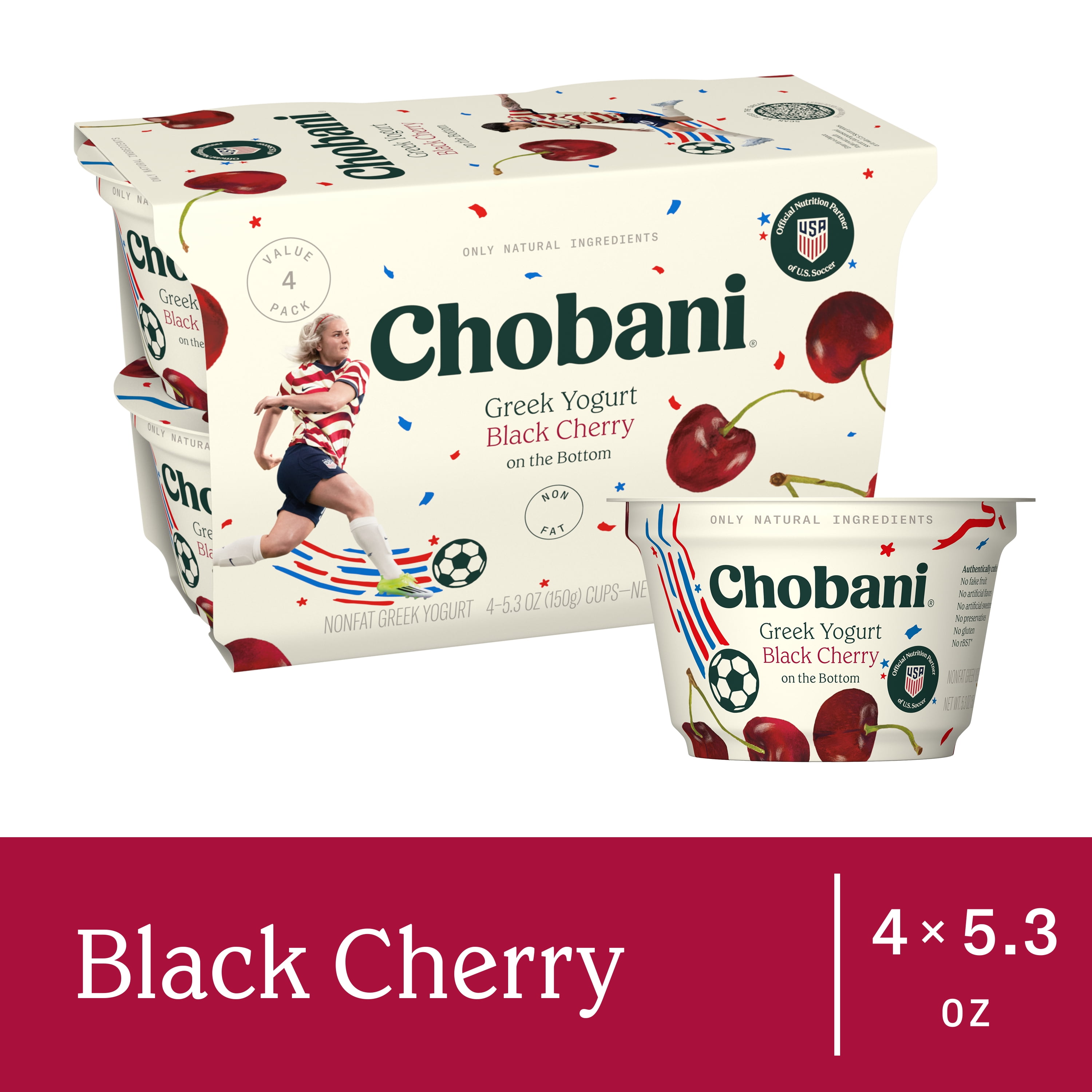Chobani Non-Fat Greek Yogurt Black Cherry on The Bottom 5.3 oz 4 Pack