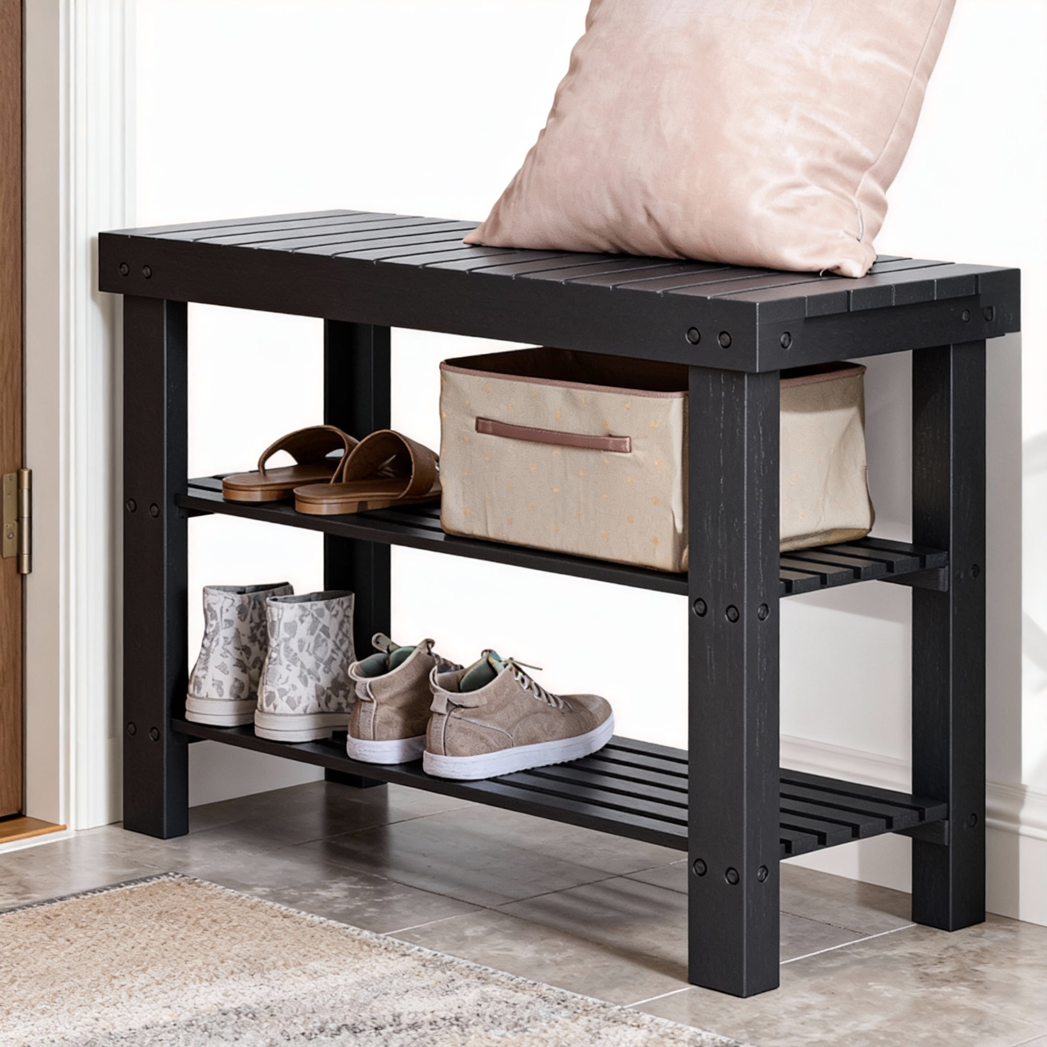 LEDREM 3-Tier Bamboo Shoe Rack Bench , Entryway Storage Organizer with 2 Shelves , Multi-Purpose Hallway Seat & Shelf , Holds 286lb , Easy Assembly , Ink Black