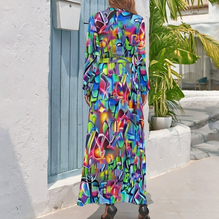 Graffiti Chaos Dress Colorful Print Party Maxi Dress Streetwear Boho Beach  Long Dresses High Neck Custom Clothing - Walmart.com