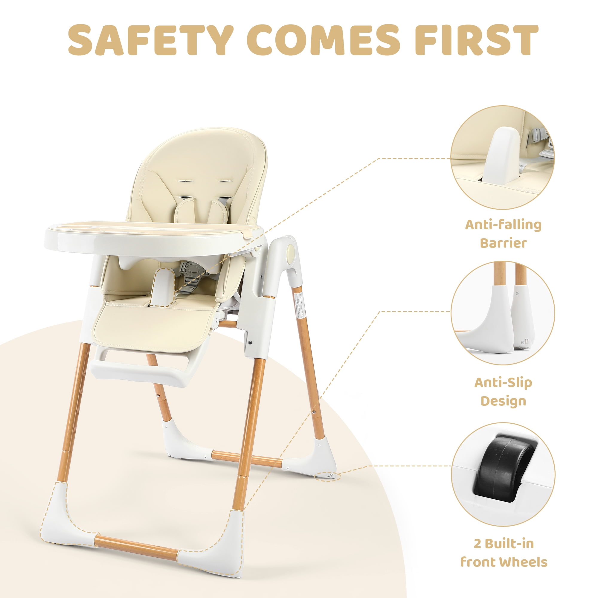 AILEEKISS Foldable High Chair for Baby, Toddler Eating Chair with Detachable Double Trays, Natural Beige