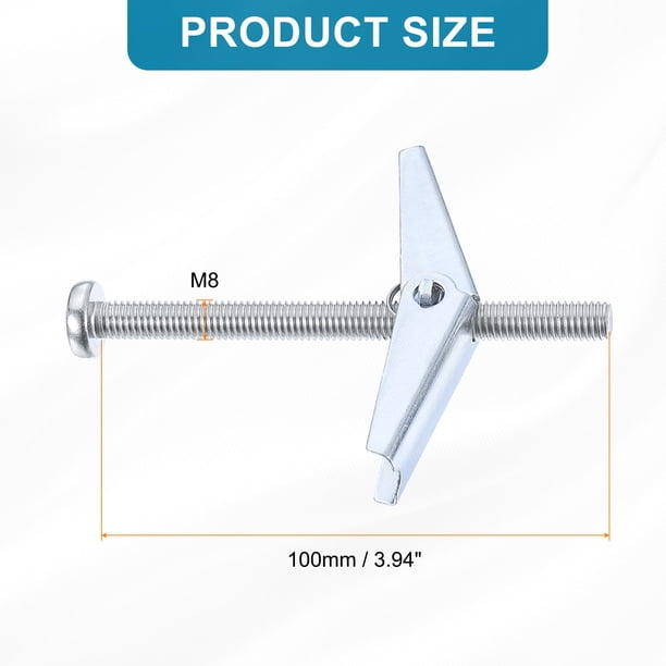 Uxcell M8 X 100mm Spring Loaded Toggle Bolt – 5-Pack, Hollow Wall Anchor With Round Head, Silver Tone, Heavy-Duty