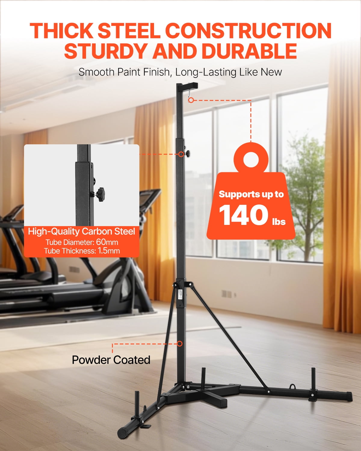 VEVOR Punching Bag Stand, Steel Heavy Duty Workout Training Equipment, Adjustable Height Boxing Punching Stand with Weighted Base, Holds Up to 140 lbs, Freestanding Sandbag Rack for Home Gym Fitness