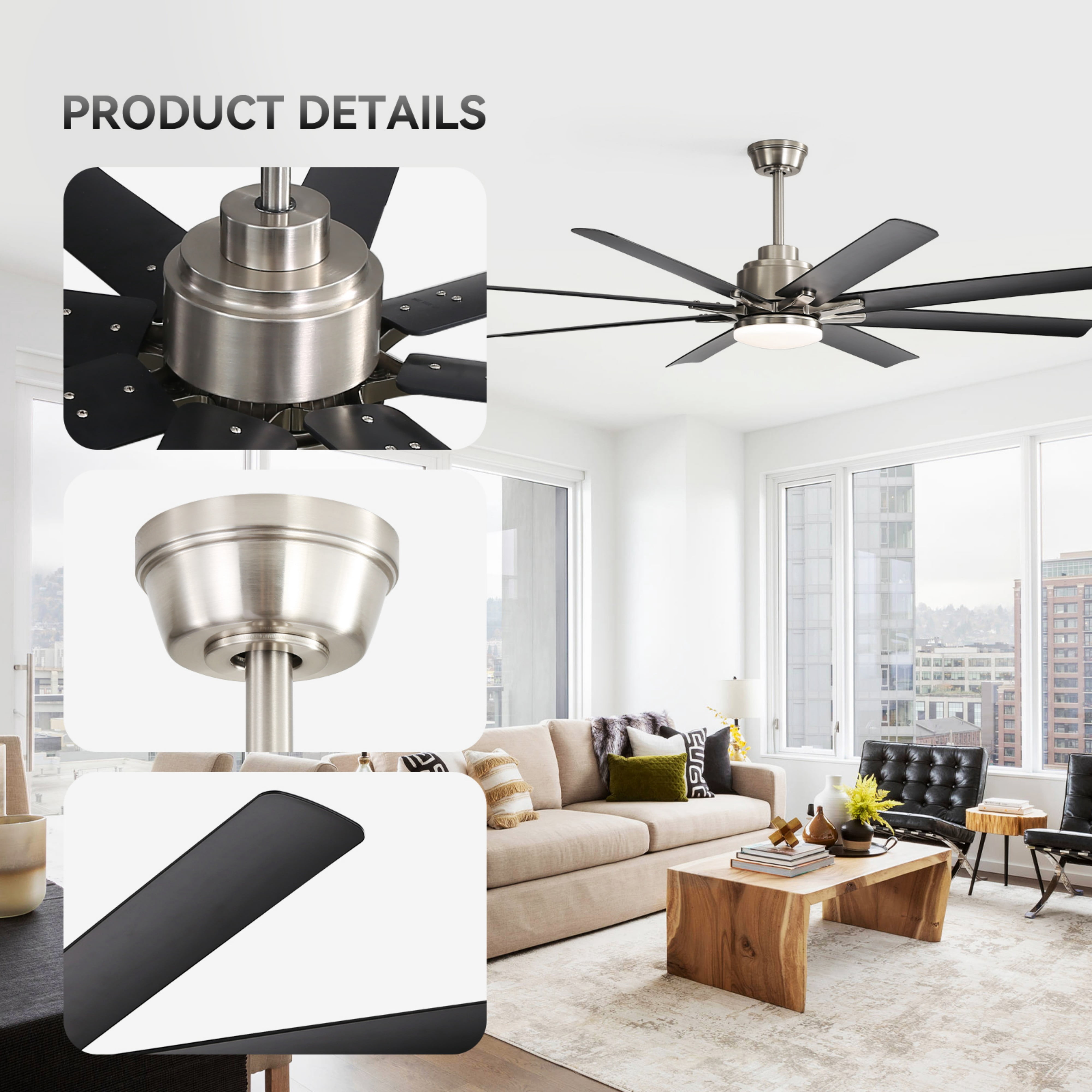 Sofucor 52" Modern Black Ceiling Fan with Light ,Phone APP and Remote,Voice Control