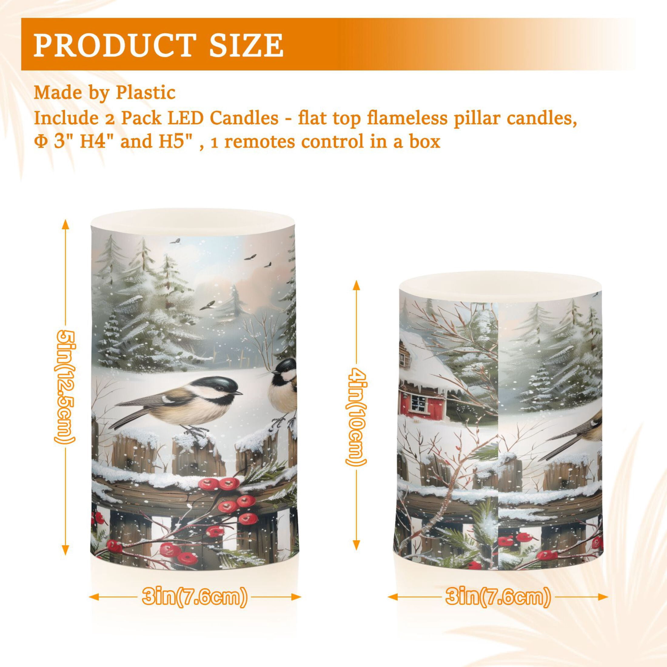 Flickering Flameless LED Candles set of 2 Battery Operated 18-Key Remotes Timer Halloween Fall Decor Chickadees Bird and House D3''xH4''5''