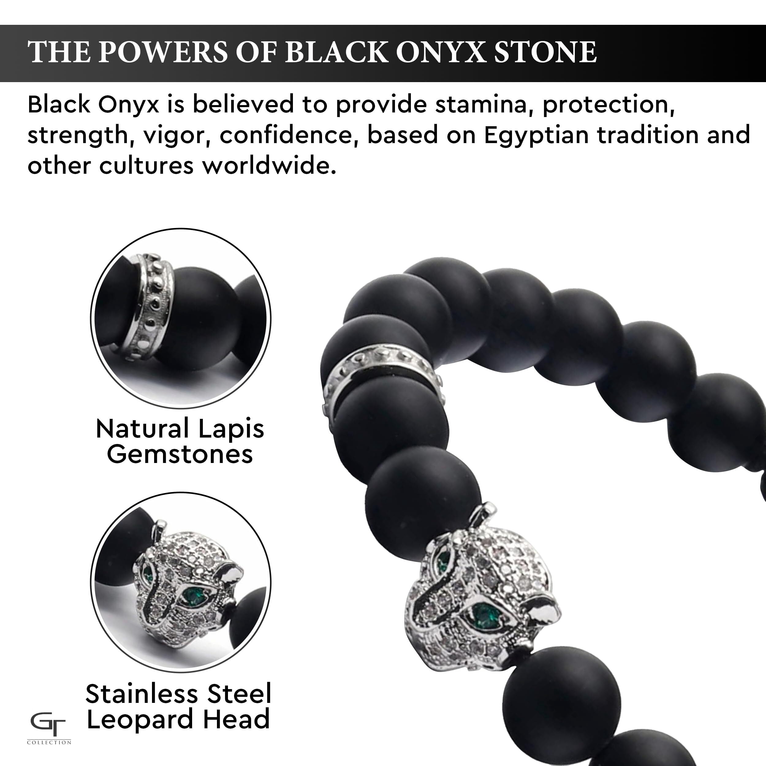 Men's BLACK ONYX Bracelet with Silver LEOPARD Head | Gift for Men | One Size Fits All | 100% Natural | Gemstone Adjustable Bracelet
