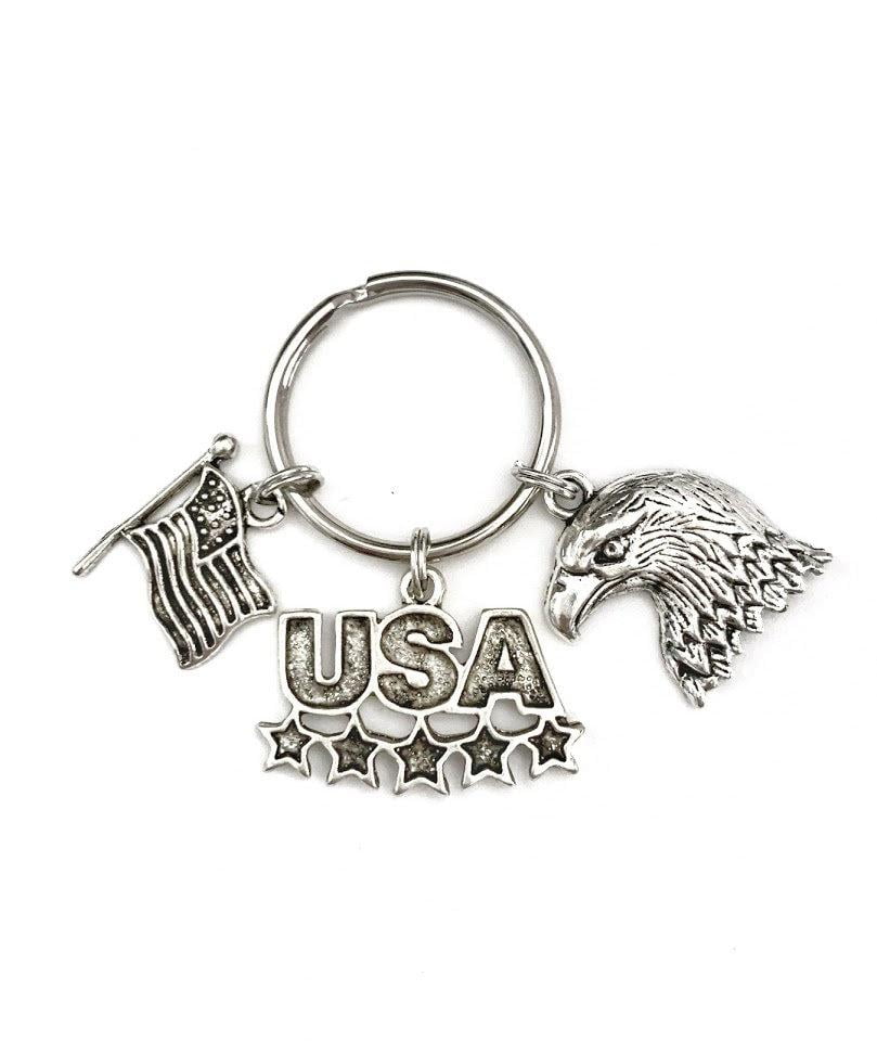 USA America themed keychain. Includes Bald Eagle, American Flag, and