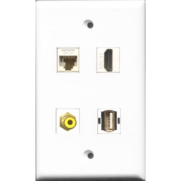 RiteAV 1 Port HDMI and 1 Port RCA Yellow and 1 Port USB A-A and 1 Port Cat6 Ethernet White Wall Plate