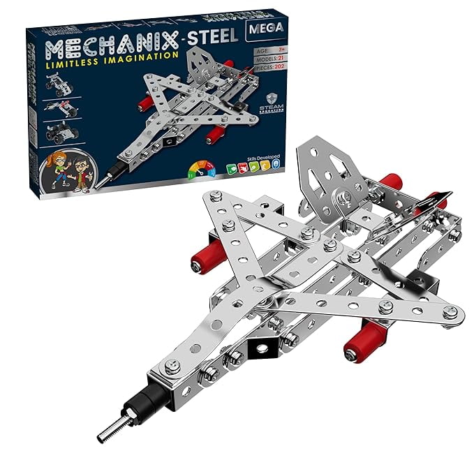 Mechanix Steel Mega - 202 Piece Building Kit I STEM/STEAM Toy for Adults, Kids, 8+, Families & Seniors | Made in India | Tools & Manual Included