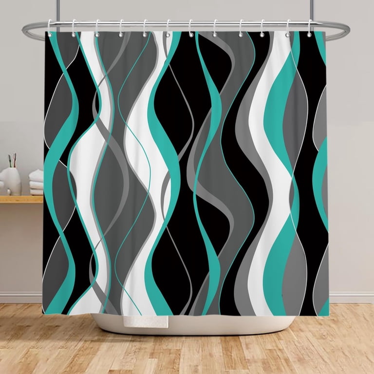 Blue Striped Shower Curtain - Waterproof Modern Abstract Design With Hooks, 72x72 Inches