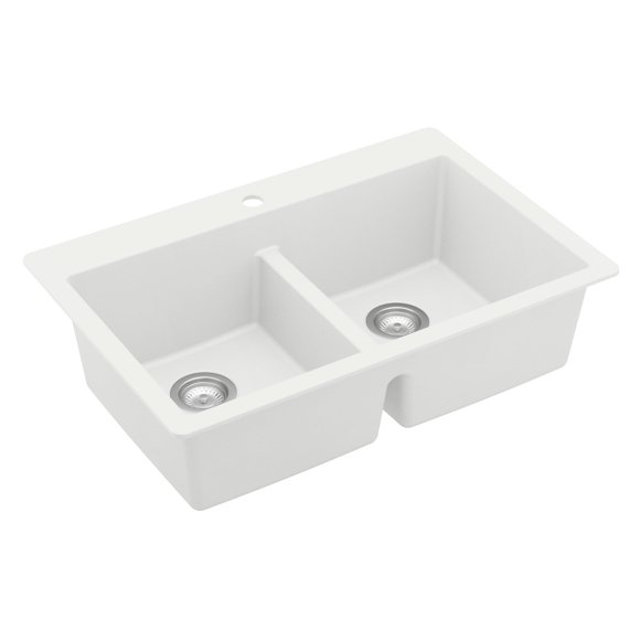 "Karran QT-810 33"" Top Mount Double Equal Bowl Quartz Kitchen Sink in White"