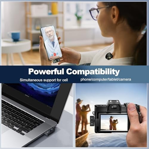 Wireless Lavalier Microphone System with Charging Case, 1 Click Noise Canceling, 2.4GHz ISM for 12Hrs Uncompressed Audio Lapel Mic Compatible with iPhone, Android,PC, Camera$$Music