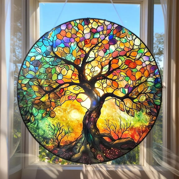 Tree of Life Acrylic Suncatcher Faux Stained Glass Window Hanging, Spiritual Home Decor or Gift for Mom and Nature Lovers