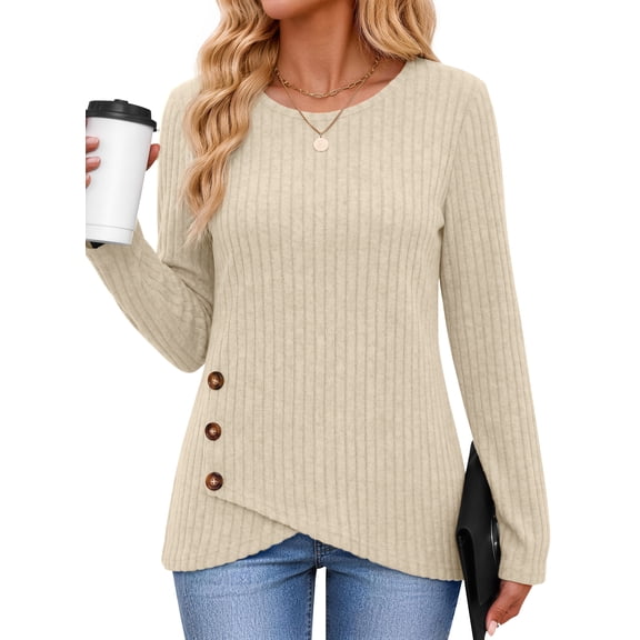 Fantaslook Casual Tops for Women Long Sleeve Shirts with Buttons Asymmetrical Hem Fall Blouses Crew Neck Tunic Top
