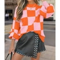 thumbnail image 4 of Women's Fall Fashion Roll-Neck Long Sleeve Plaid Ribbed Knit Loose Pullover Sweater Tops Orange Checkered S, 4 of 9