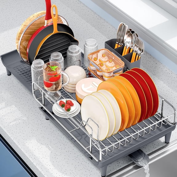 Expandable Dish Rack, Dish Drying Rack for Kitchen Counter, Foldable Dish Dryer Rack, Stainless Steel Dish Drainer Racks with Cutlery Holder, Collapsible Dish Drying Racks Large Size,Gray
