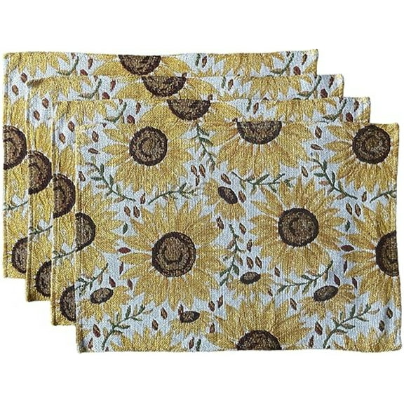 Set of 4 Large Sunflower Design Printed Tapestry placemats for Dining Table, Table mat for Kitchen Table, Spring and Summer Collection Easy to Clean, Machine Washable Size: 13 x 19 Inches.