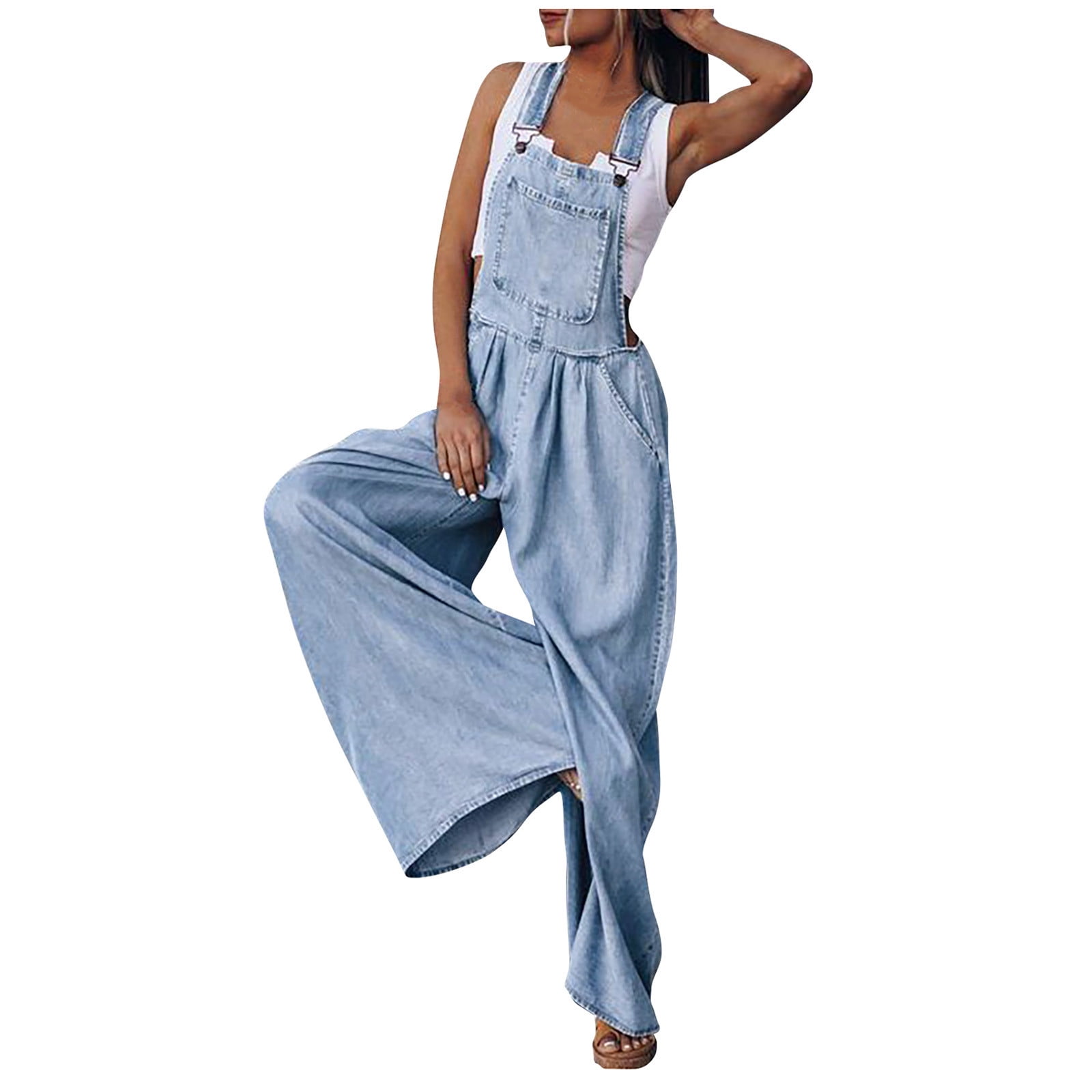 Womens Denim Overalls Baggy Adjustable Strap Casual Jumpsuits Dungarees Rompers 