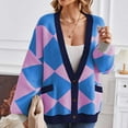 thumbnail image 4 of Lovskoo 2024 Cardigan Sweaters for Women Long Sleeve V-Neck Geometric Stitching Contrast Knit Cardigan Casual Loose Coat Sweater Top Blue, 4 of 5