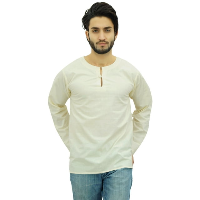 Atasi Kurta Court Blanc Cassé pour Homme, Col Rond Goutte d'Eau, Chemise en Coton - Grand