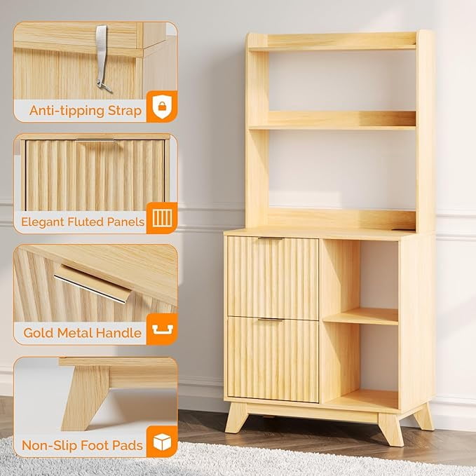 Ktaxon Wood 2 Drawer File Cabinet with Adjustable Shelves Charging Station Dresser Office Cabinet, Filing Cabinet with Socket, Printer Stand with Storage Shelves for Home Office Study